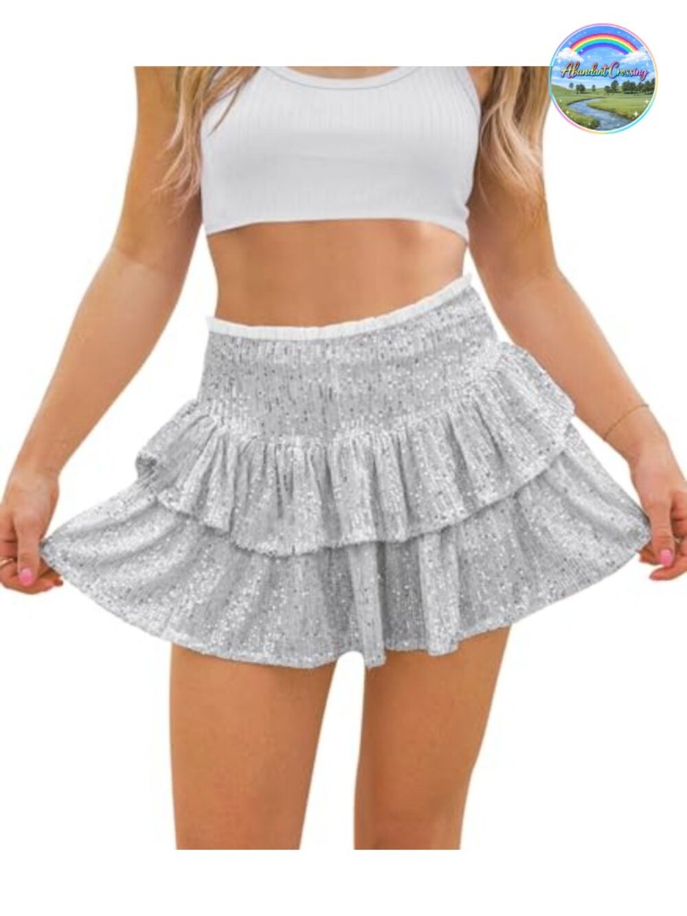 Sequin Mini Skort with Shorts Ruffle Smocked High Waist A-Line Party